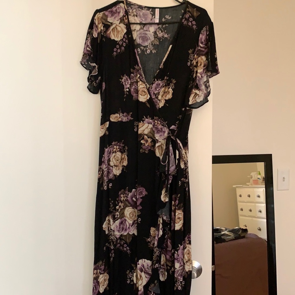 black wrap dress with purple & cream roses